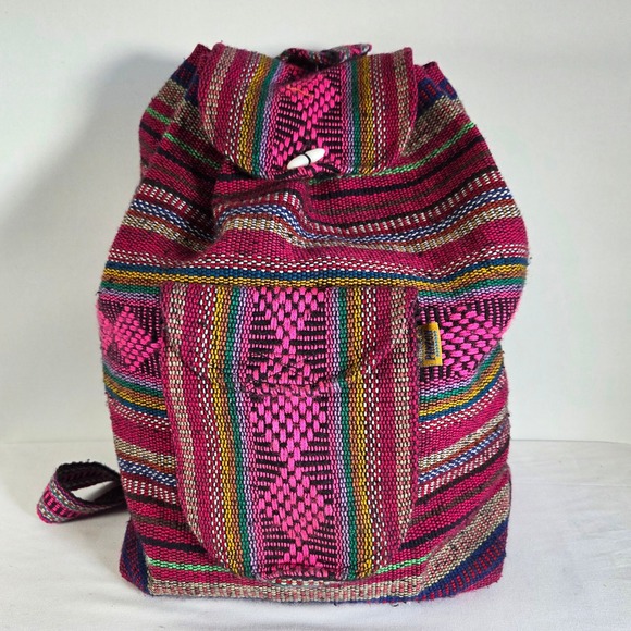 Artesanias MR Pinzon Handbags - Artesanias MR Pinzon Woven Boho Backpack Pink Multi Stripe Drawstring Bag